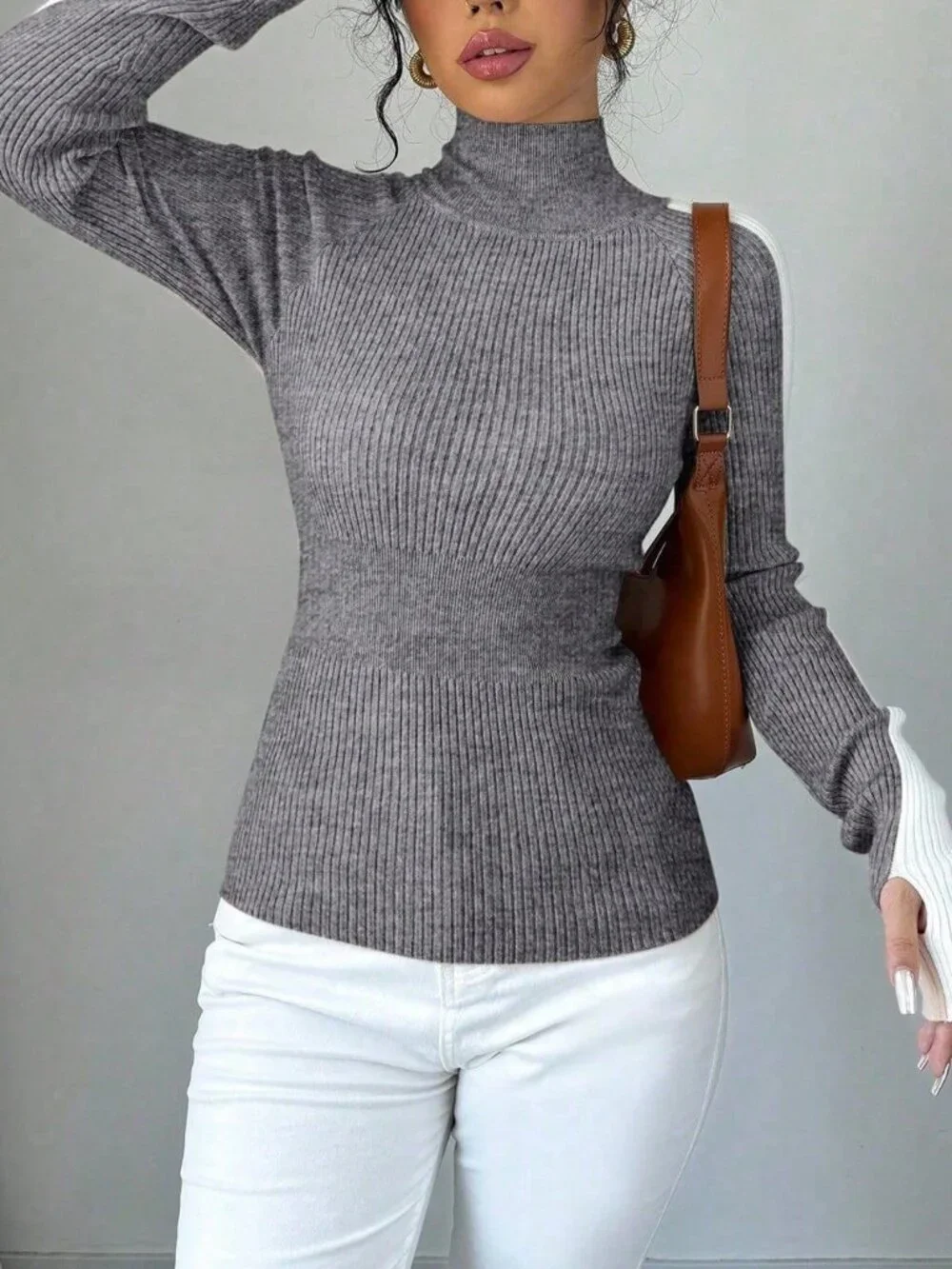 Grey Cozy Women's Stand Collar Contrast Raglan Sleeve Fitted Minimalist Sweater